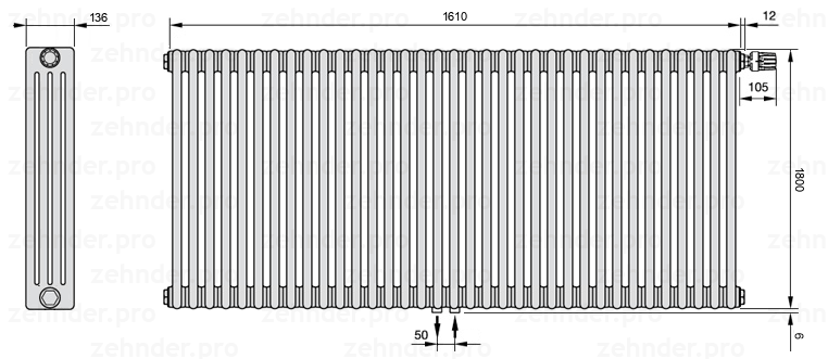 Схема (чертеж) Радиатор Zehnder Charleston 4180/35 №V008 Белый глянцевый RAL 9016